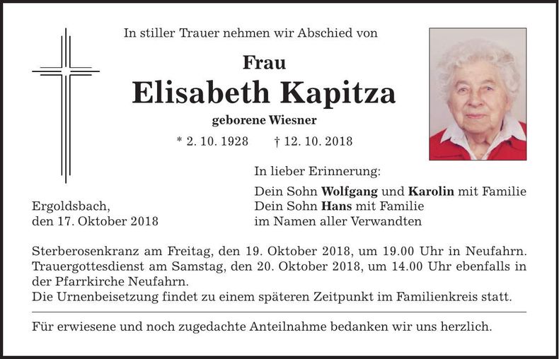 Traueranzeige Elisabeth Kapitza