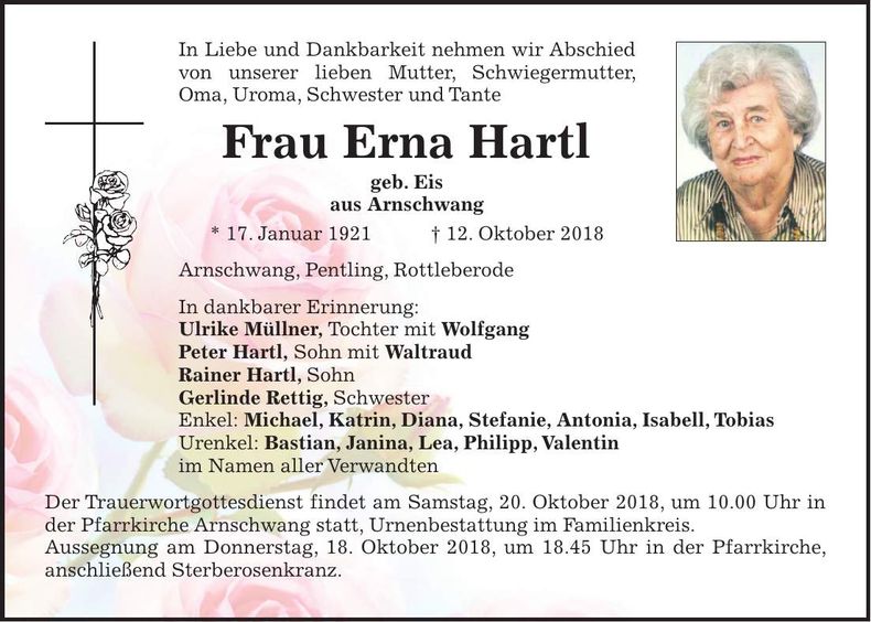 Traueranzeige Erna Hartl