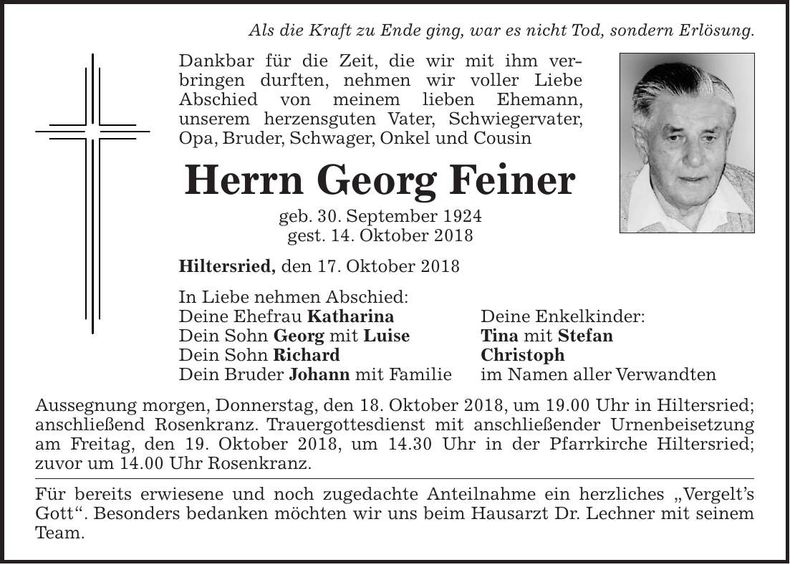 Traueranzeige Georg Feiner