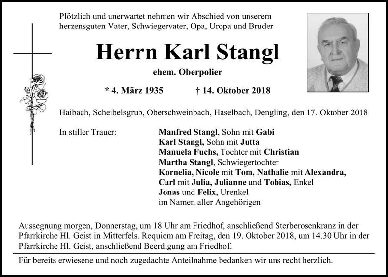 Traueranzeige Karl Stangl