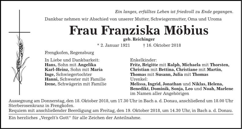 Traueranzeige Franziska Möbius
