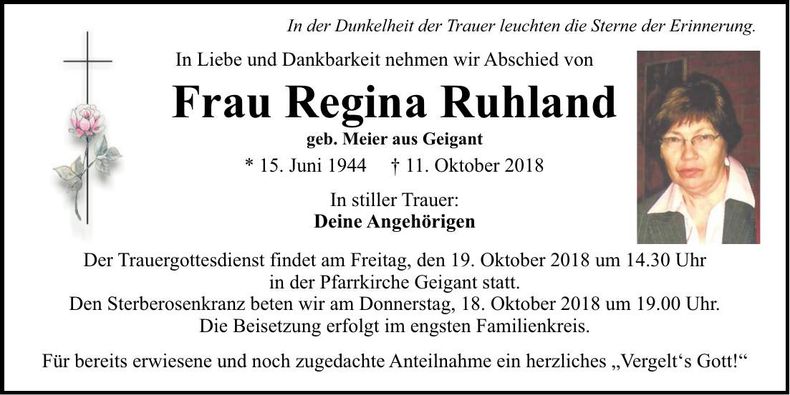 Traueranzeige Regina Ruhland