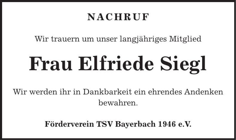 Traueranzeige Elfriede Siegl