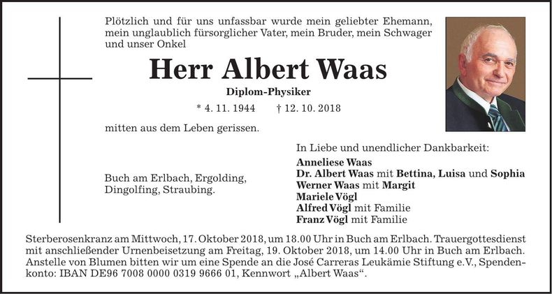 Traueranzeige Albert Waas