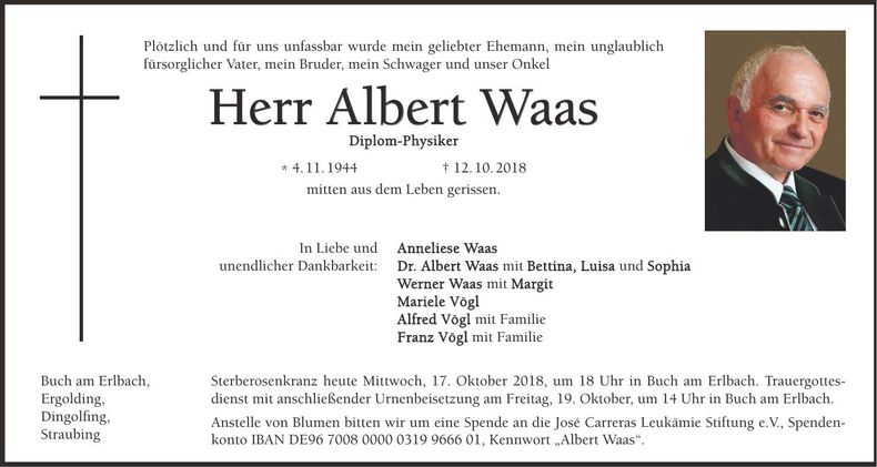 Traueranzeige Albert Waas