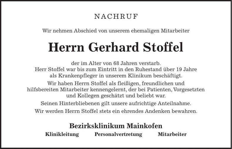 Traueranzeige Gerhard Stoffel