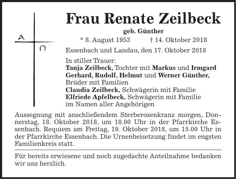 Traueranzeige Renate Zeilbeck