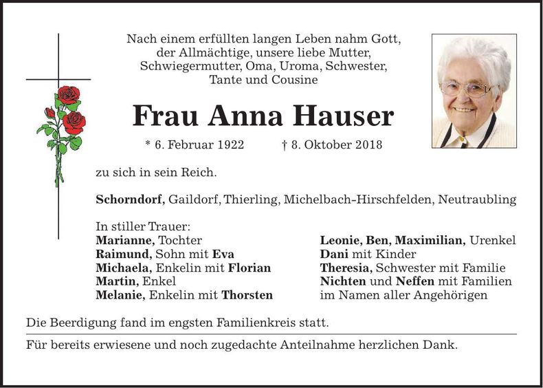 Traueranzeige Anna Hauser