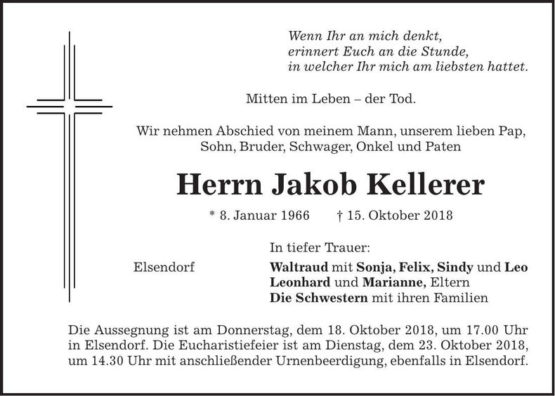 Traueranzeige Jakob Kellerer