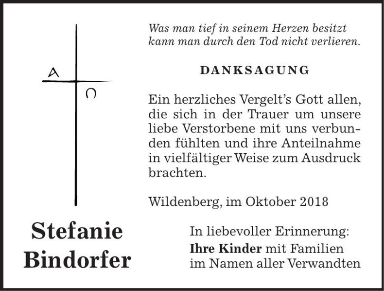Traueranzeige Stefanie Bindorfer