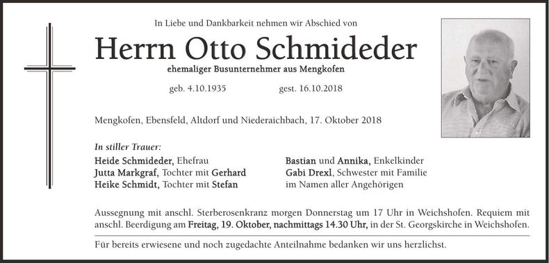 Traueranzeige Otto Schmideder