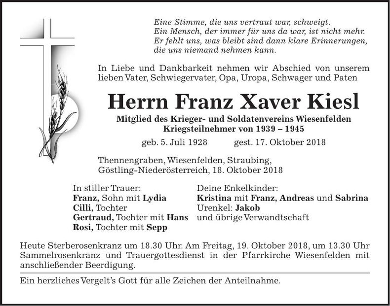 Traueranzeige Franz Xaver Kiesl