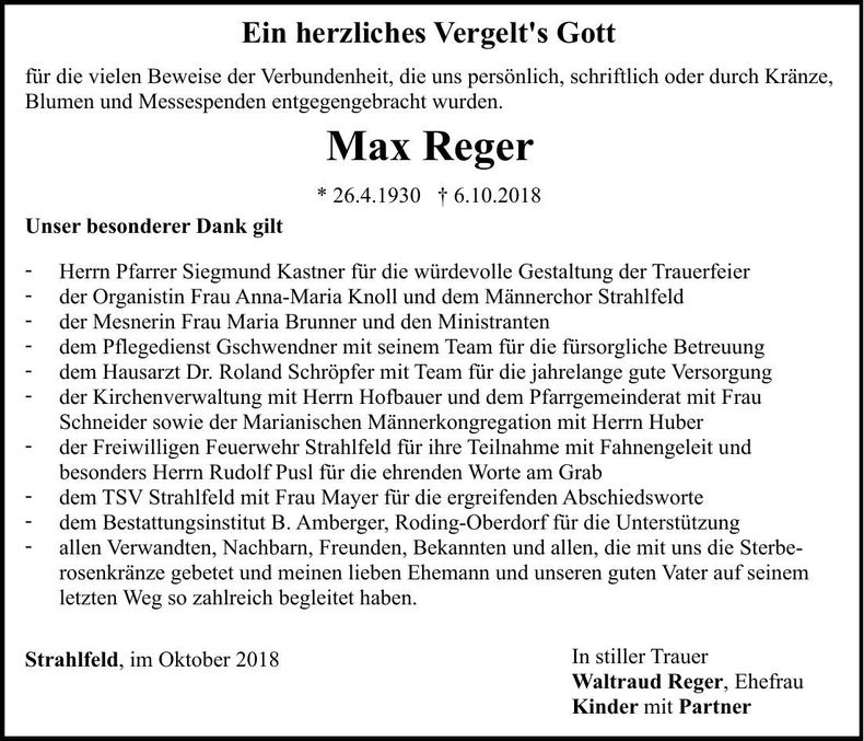 Traueranzeige Max Reger
