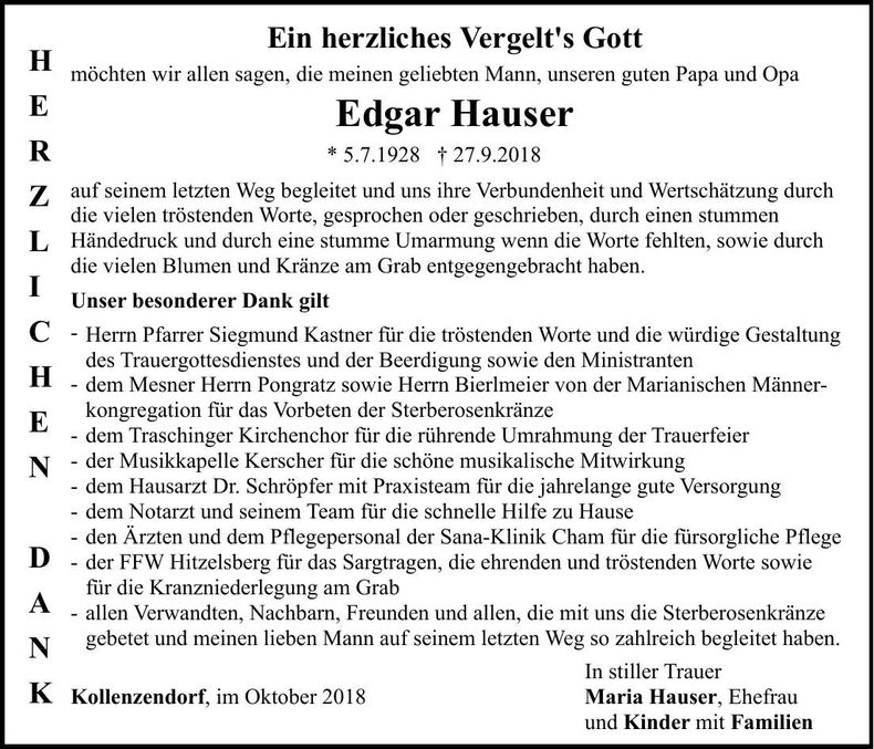 Traueranzeige Edgar Hauser