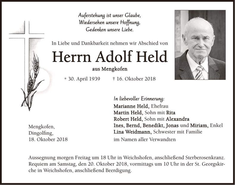 Traueranzeige Adolf Held