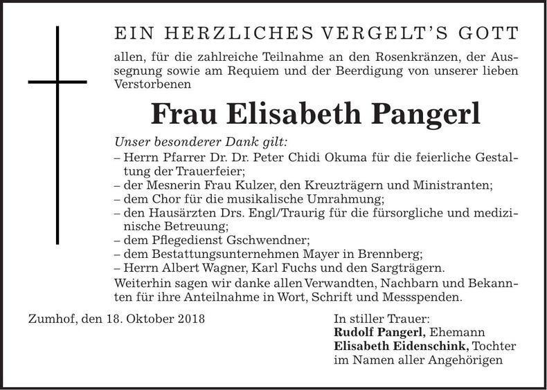 Traueranzeige Elisabeth Pangerl