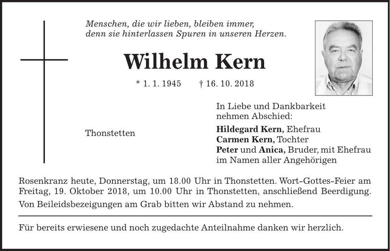 Traueranzeige Wilhelm Kern