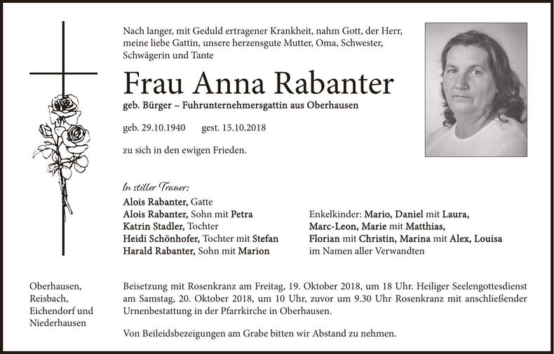 Traueranzeige Anna Rabanter