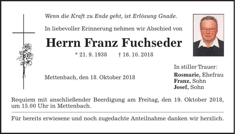 Traueranzeige Franz Fuchseder