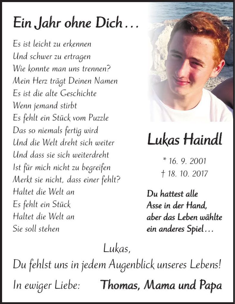 Traueranzeige Lukas Haindl