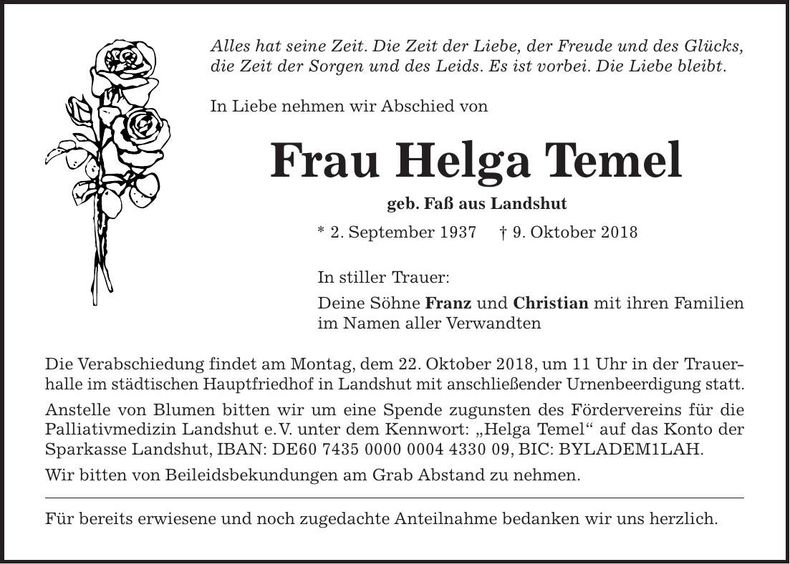 Traueranzeige Helga Temel