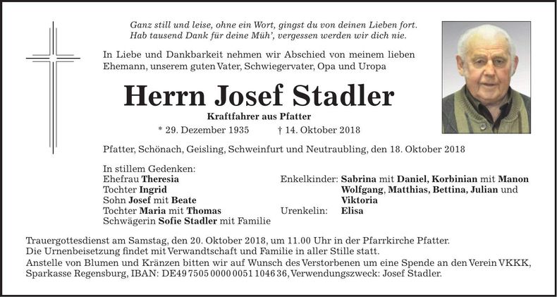 Traueranzeige Josef Stadler