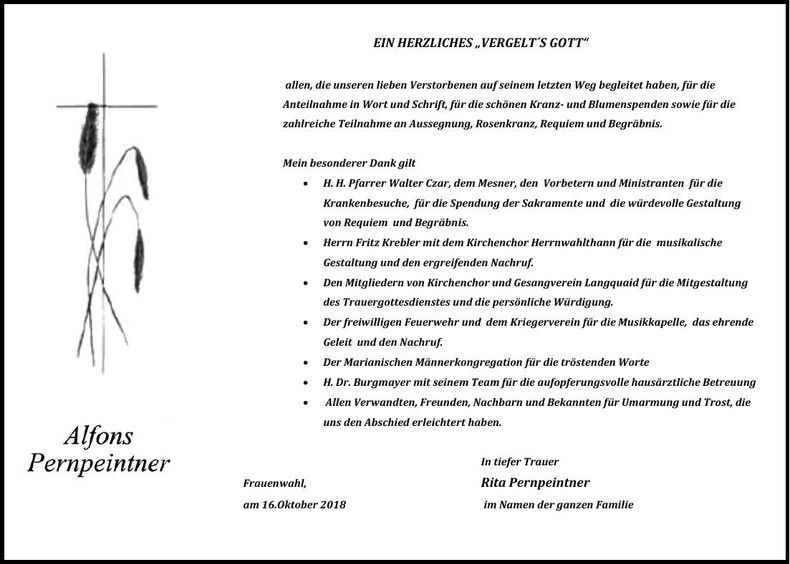 Traueranzeige Alfons Pernpeintner