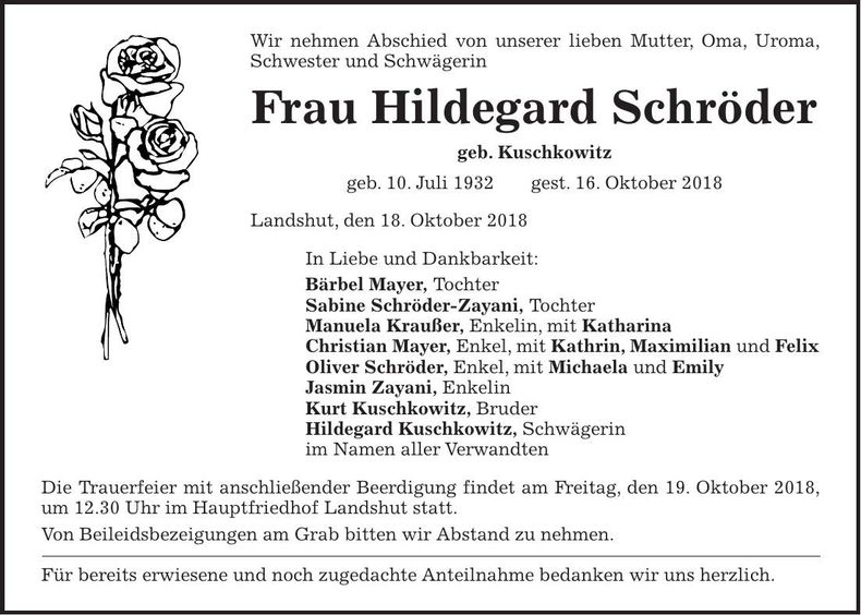 Traueranzeige Hildegard Schröder