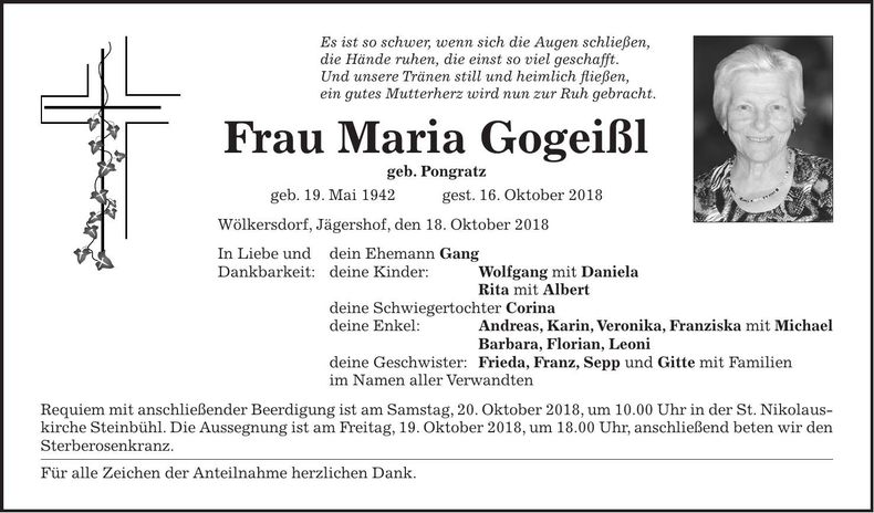 Traueranzeige Maria Gogeißl