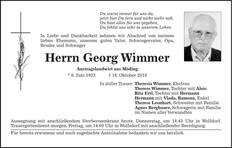 Traueranzeige Georg Wimmer