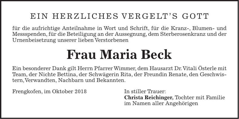 Traueranzeige Maria Beck