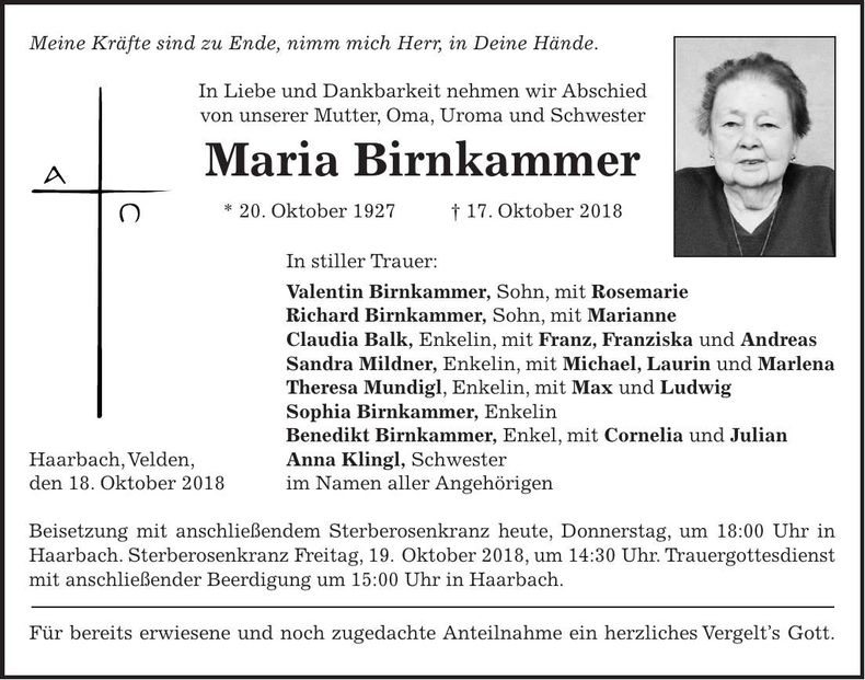 Traueranzeige Maria Birnkammer