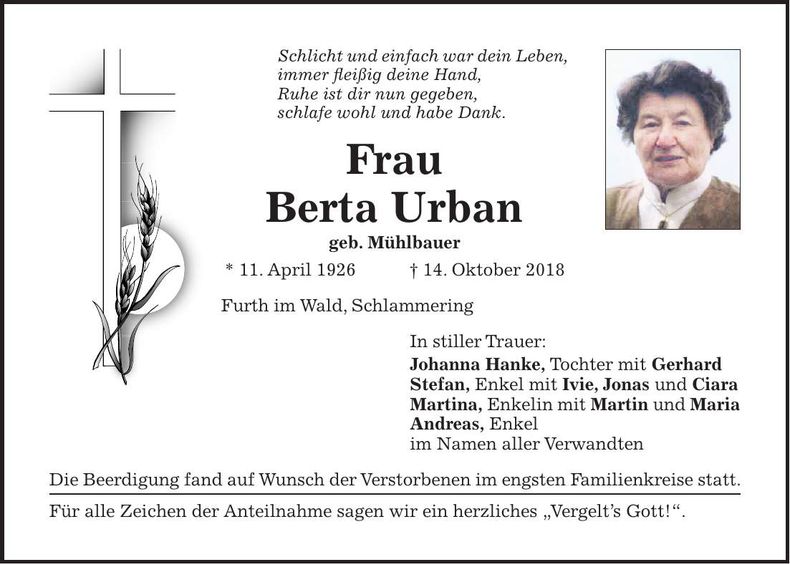 Traueranzeige Berta Urban