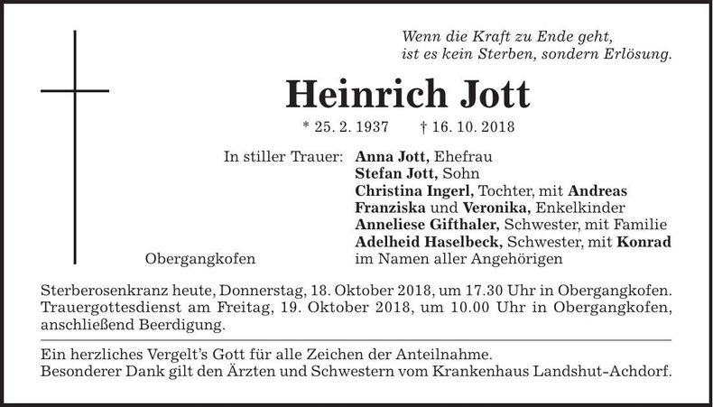 Traueranzeige Heinrich Jott