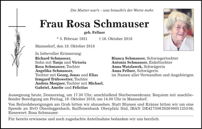 Traueranzeige Rosa Schmauser