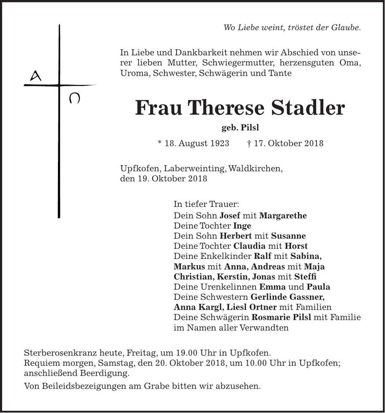 Traueranzeige Therese Stadler