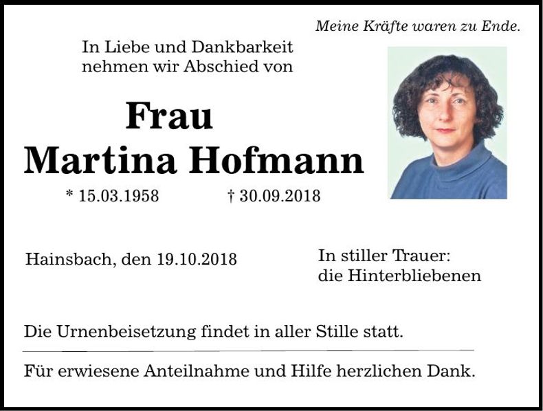 Traueranzeige Martina Hofmann