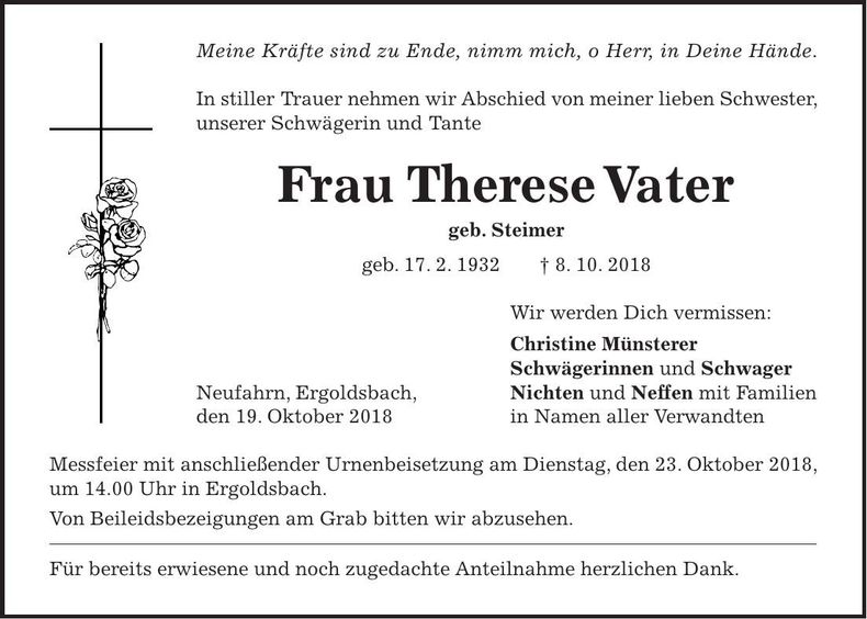 Traueranzeige Therese Vater