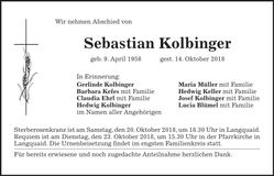 Traueranzeige Sebastian Kolbinger
