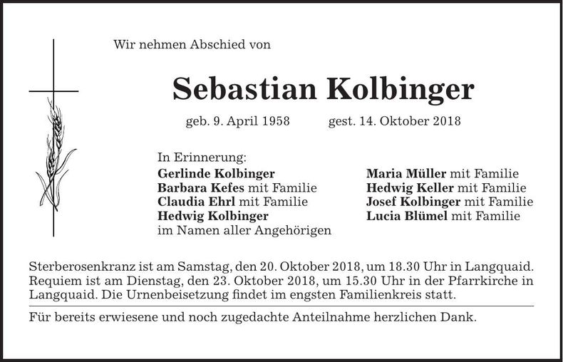 Traueranzeige Sebastian Kolbinger