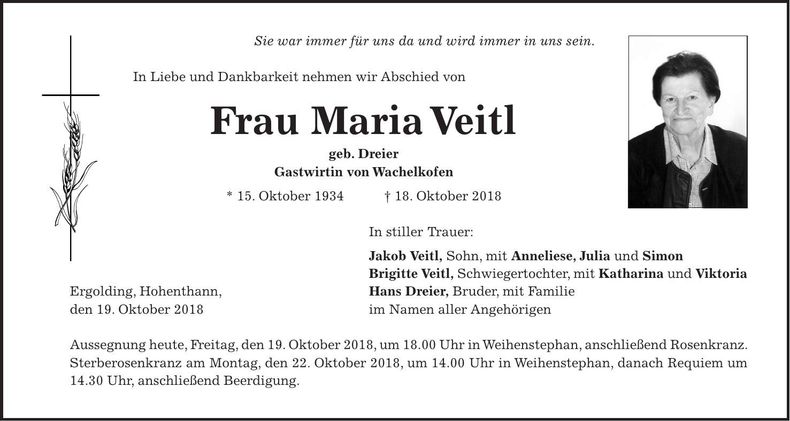 Traueranzeige Maria Veitl