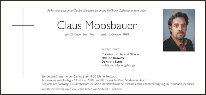 Traueranzeige Claus Moosbauer