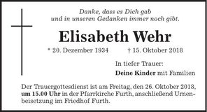 Traueranzeige Wehr Elisabeth