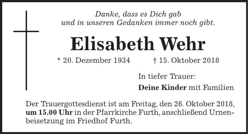 Traueranzeige Wehr Elisabeth