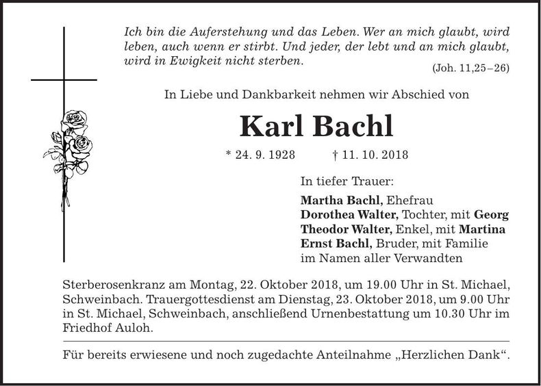 Traueranzeige Karl Bachl