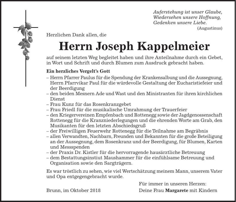 Traueranzeige Joseph Kappelmeier