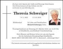 Traueranzeige Theresia Schweiger