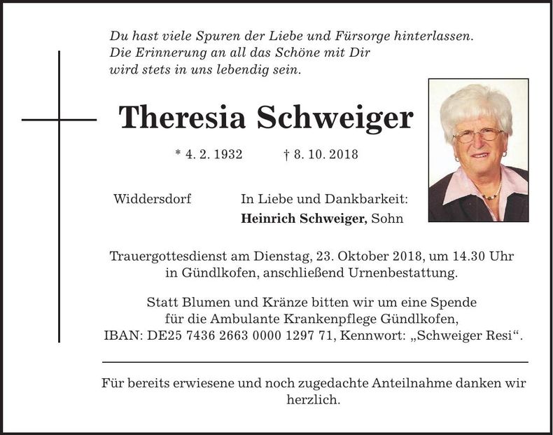 Traueranzeige Theresia Schweiger