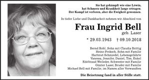Traueranzeige Ingrid Bell