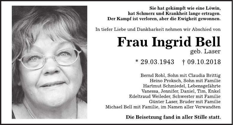Traueranzeige Ingrid Bell